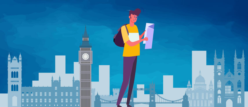 illustration of a tourist checking the list of required UK Visit Visa Documents.